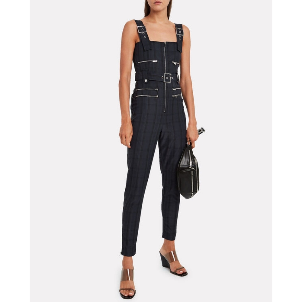 WeWoreWhat Moto Overalls Plaid Navy Blue Black with Belt and Zipper Accent L